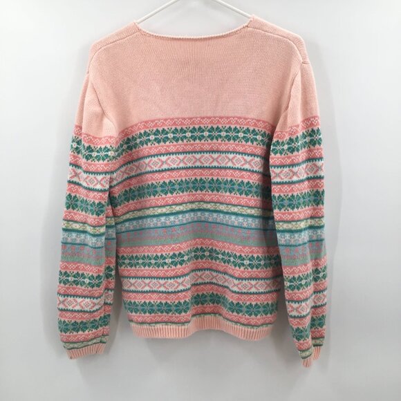 Vintage Womens 1990s Fair Isles Nordic Christmas Sweater Pink Green Cotton Soft - Picture 2 of 11